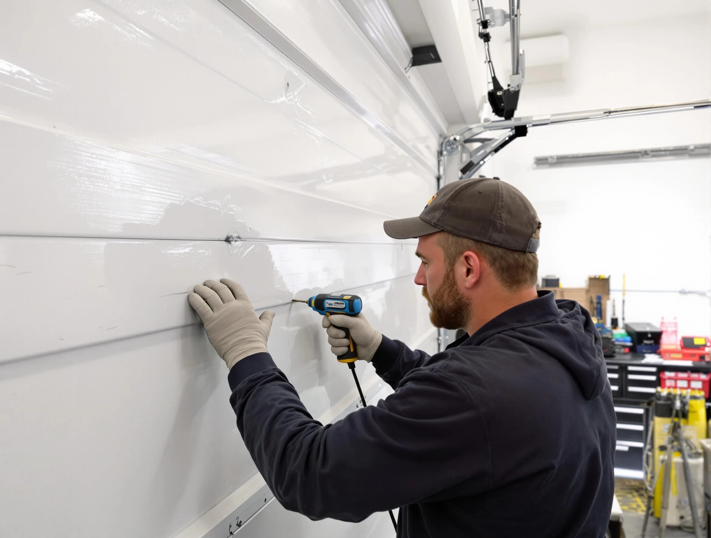 Piscataway Garage Door Repair technician demonstrating precision dent removal techniques on a Piscataway garage door